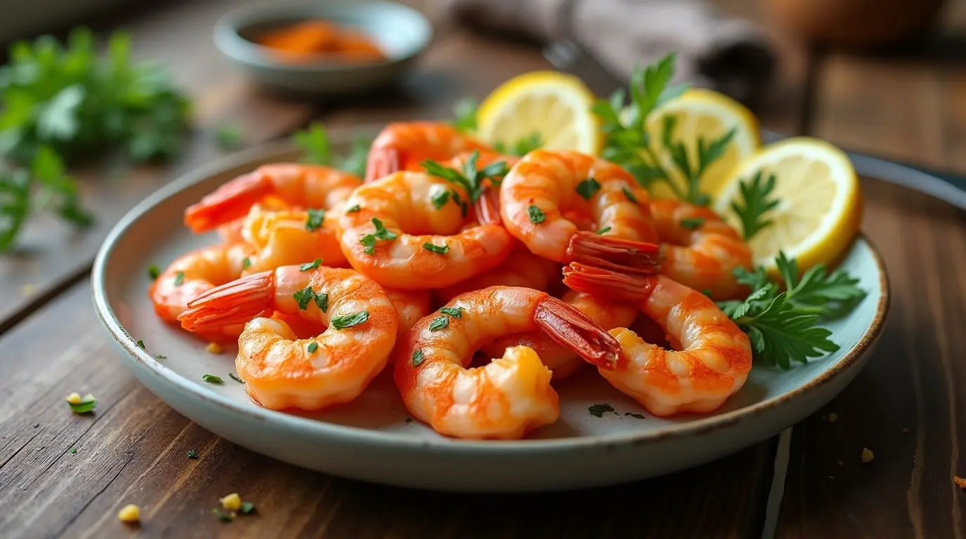 Golden broiled frozen shrimp seasoned with Cajun spices on a baking sheet