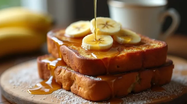 Hero image of stacked banana bread French toast with golden crisp edges and maple syrup, perfect for a brunch recipe feature