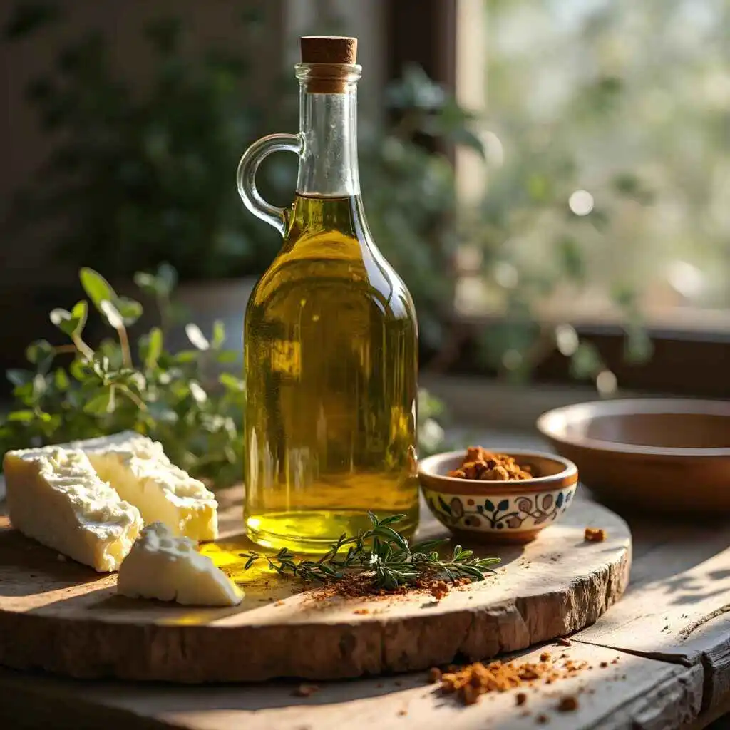 A rustic kitchen counter displaying essential Greek ingredients: olive oil, feta cheese, and fresh herbs like oregano and thyme.