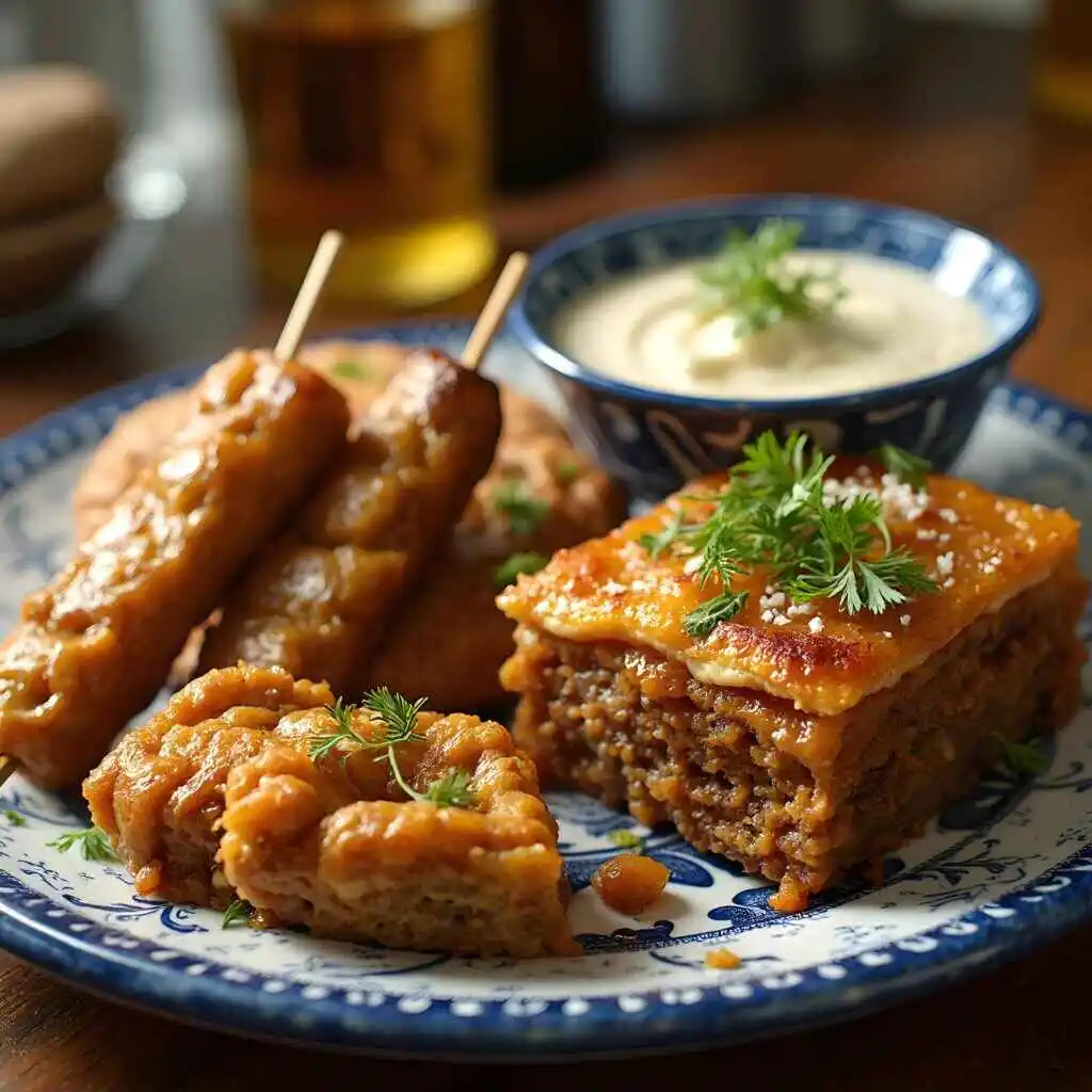 A platter featuring iconic Greek dishes including golden baklava, juicy souvlaki skewers, savory moussaka, and creamy tzatziki sauce
