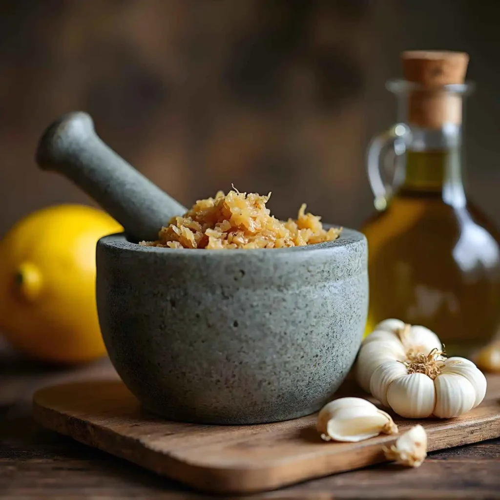 Mortar and pestle with crushed garlic and anchovy paste being mixed, with lemon and olive oil in the background