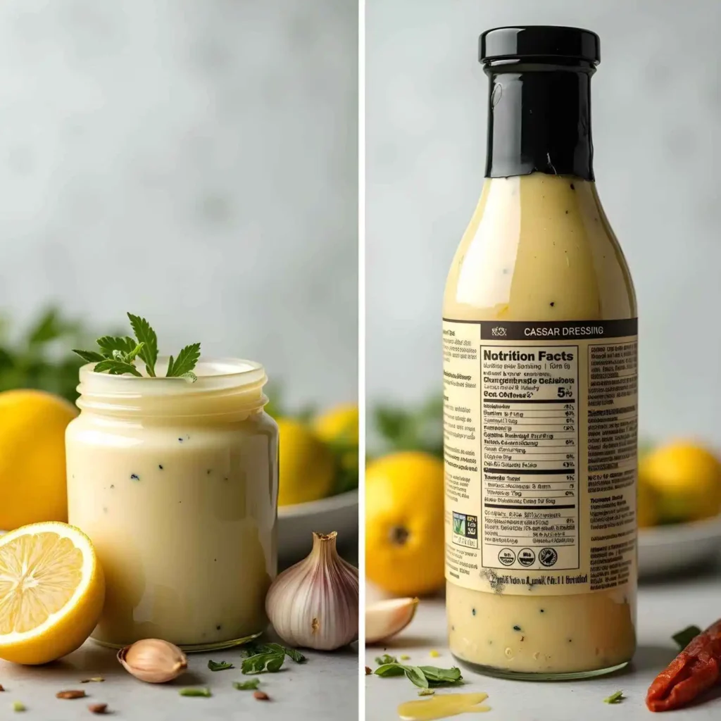 Side-by-side comparison of homemade Caesar dressing with fresh ingredients and a store-bought bottle with artificial additives