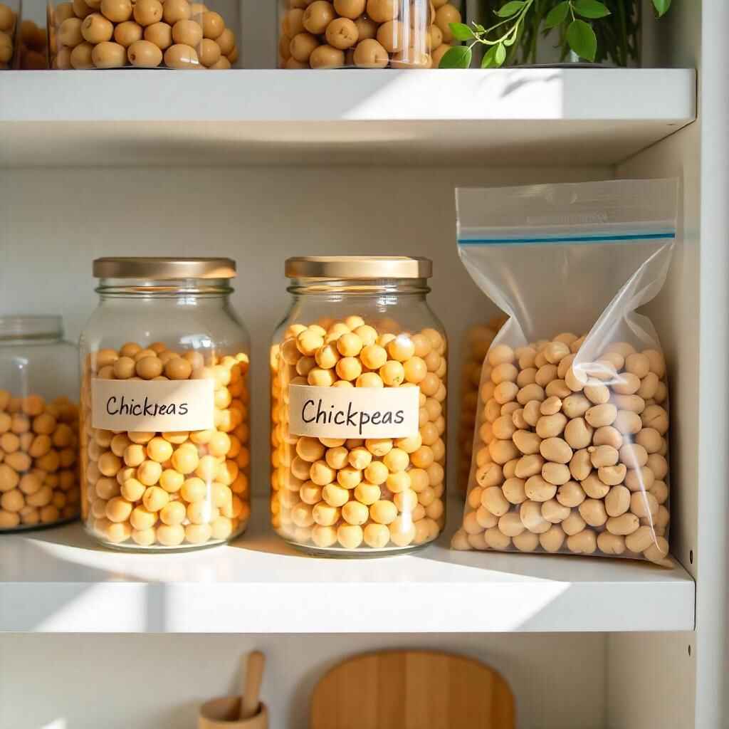 Jars of cooked chickpeas and a freezer bag on a kitchen shelf, illustrating storage methods.