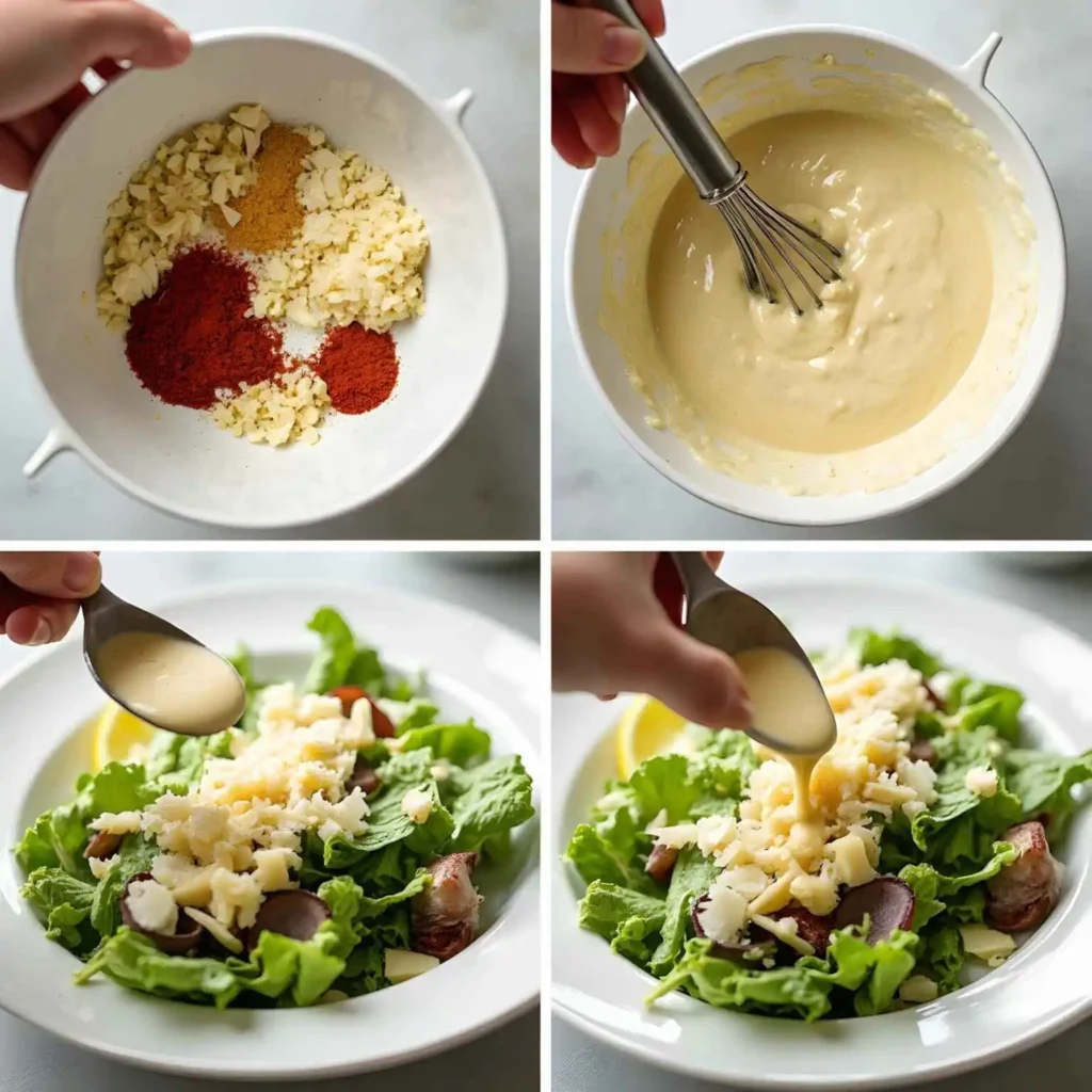 Step-by-step collage of making Caesar dressing: mixing ingredients, whisking mayonnaise, adding cheese, and drizzling over salad