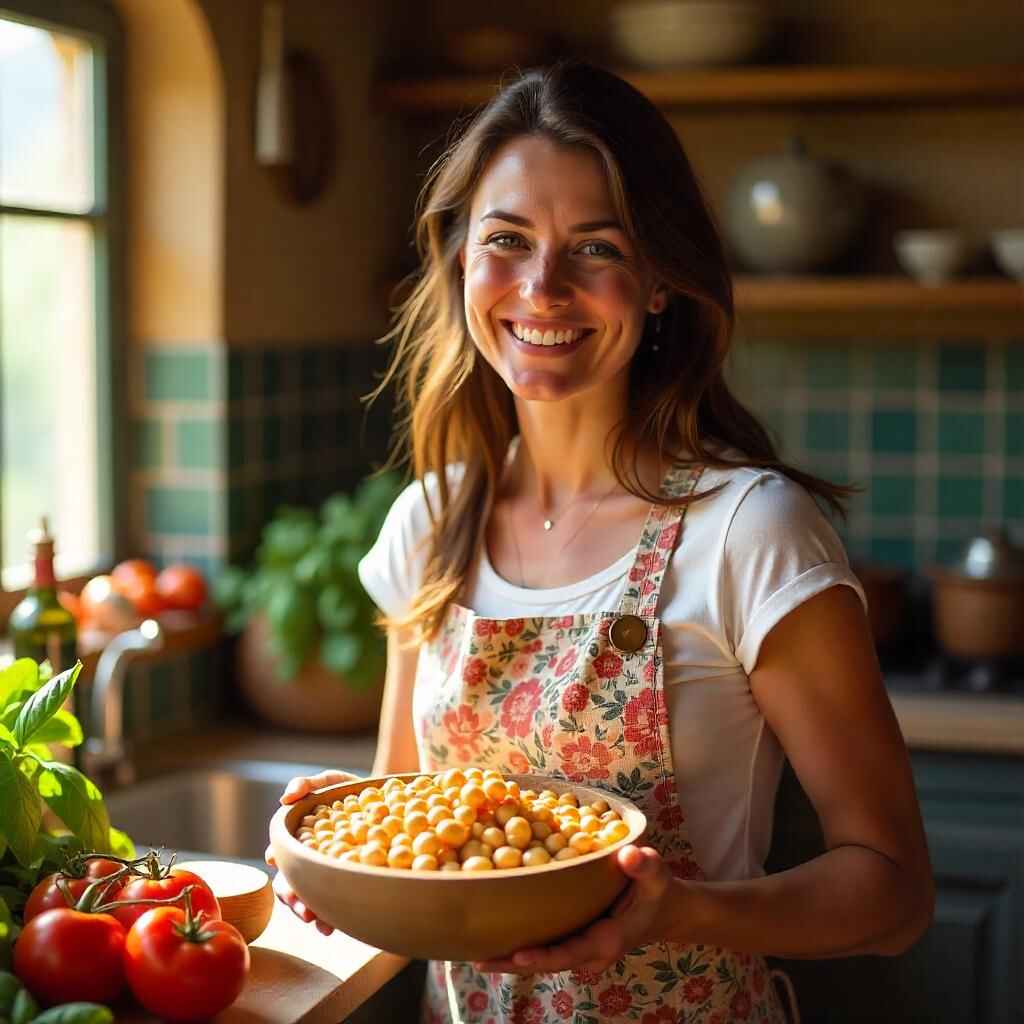 A smiling cook holding a bowl of cooked chickpeas in a warm, inviting kitchen