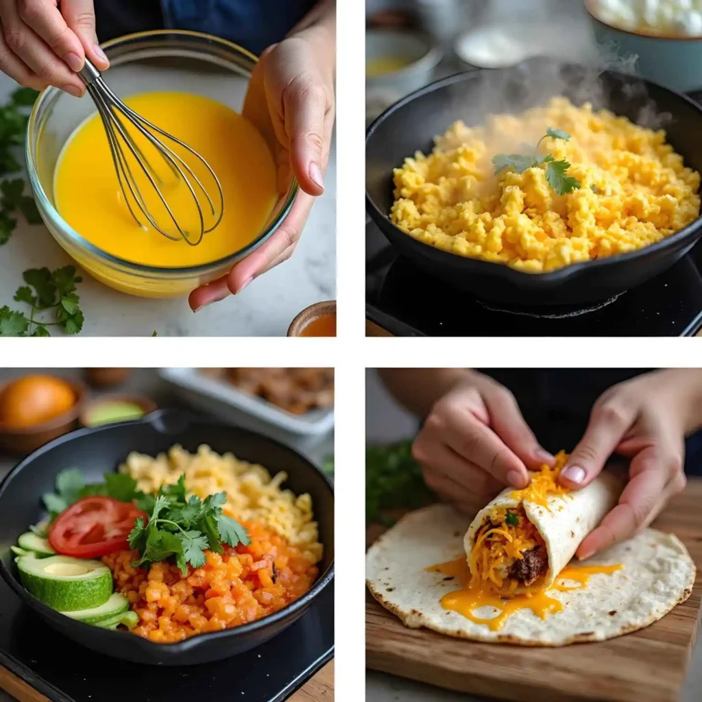 Step-by-step burrito breakfast recipe: cooking eggs, assembling toppings, and wrapping the perfect breakfast burrito.