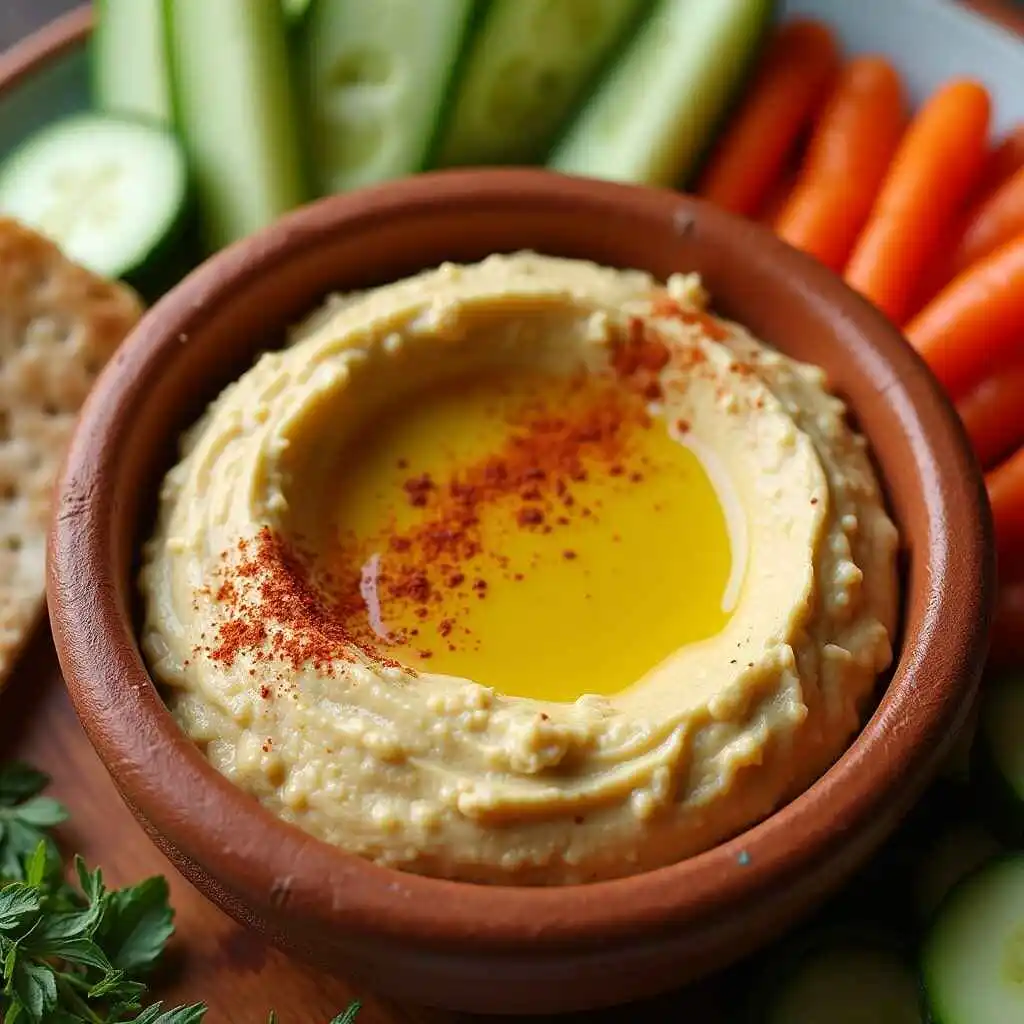 Homemade vegan Mediterranean recipes: creamy hummus with olive oil drizzle