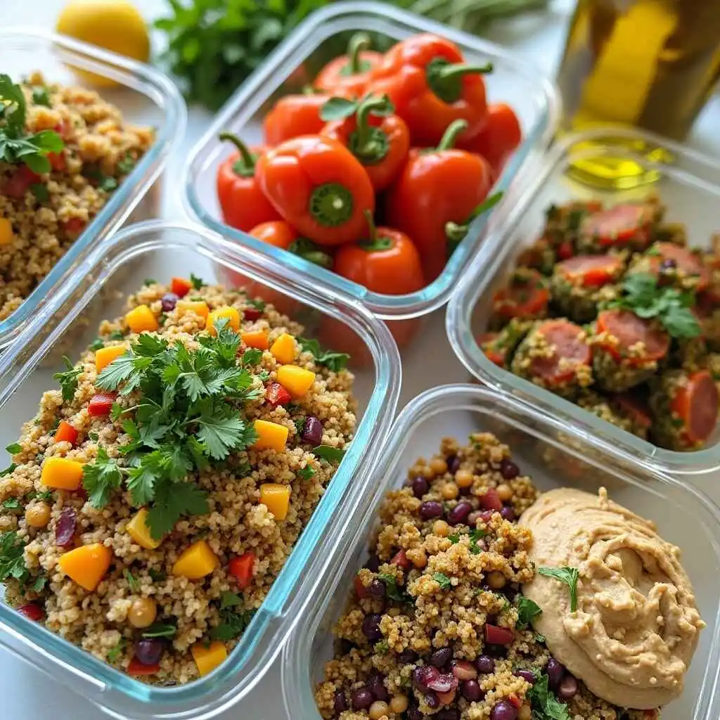 Weekly meal prep of vegan Mediterranean recipes including tabbouleh, chickpea tagine, stuffed bell peppers, and fresh bean salads