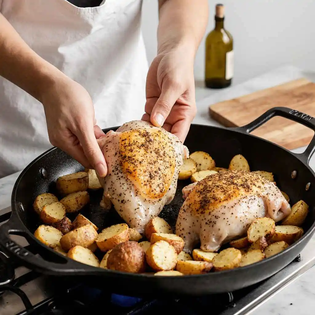 Preparing Greek chicken and potatoes